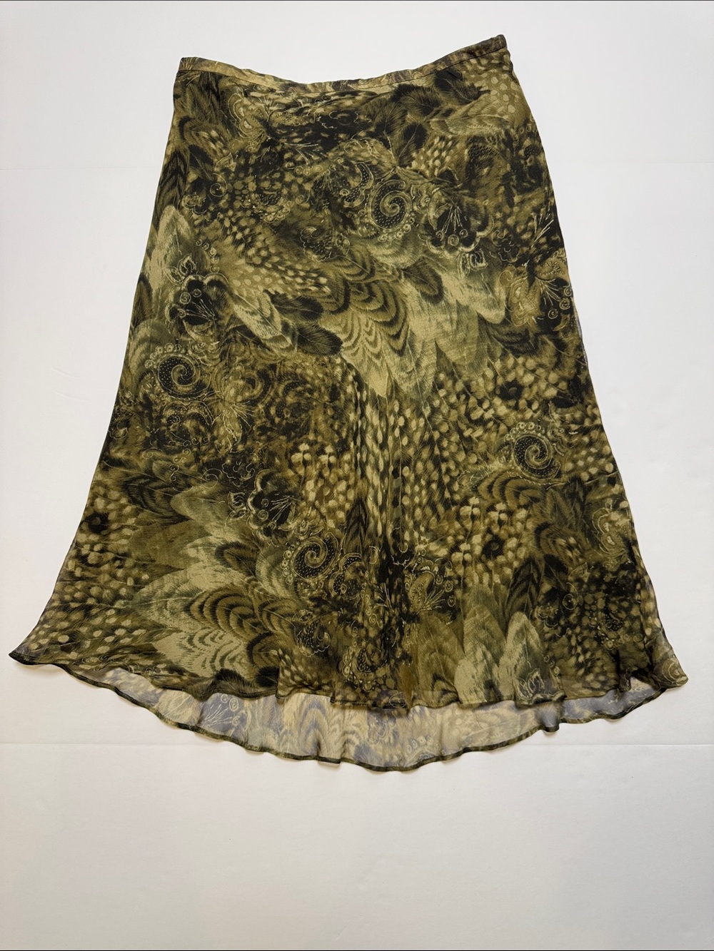 Vintage RAFAELLA 100% Silk Lettuce Hem Olive Green Patterned A-Line Skirt 6